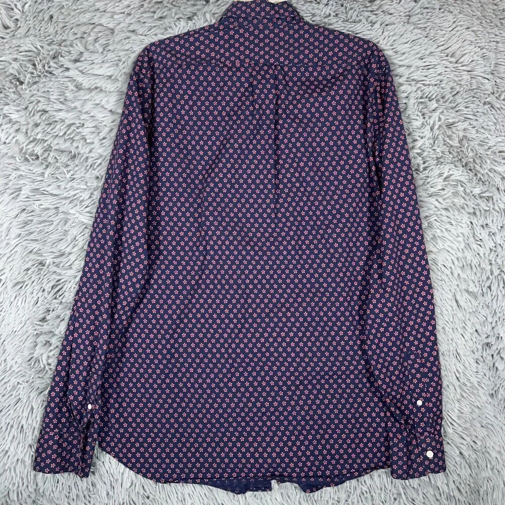 J Crew Adult Shirt Large Tall Blue Red Button Up Floral Stretch Classic Mens